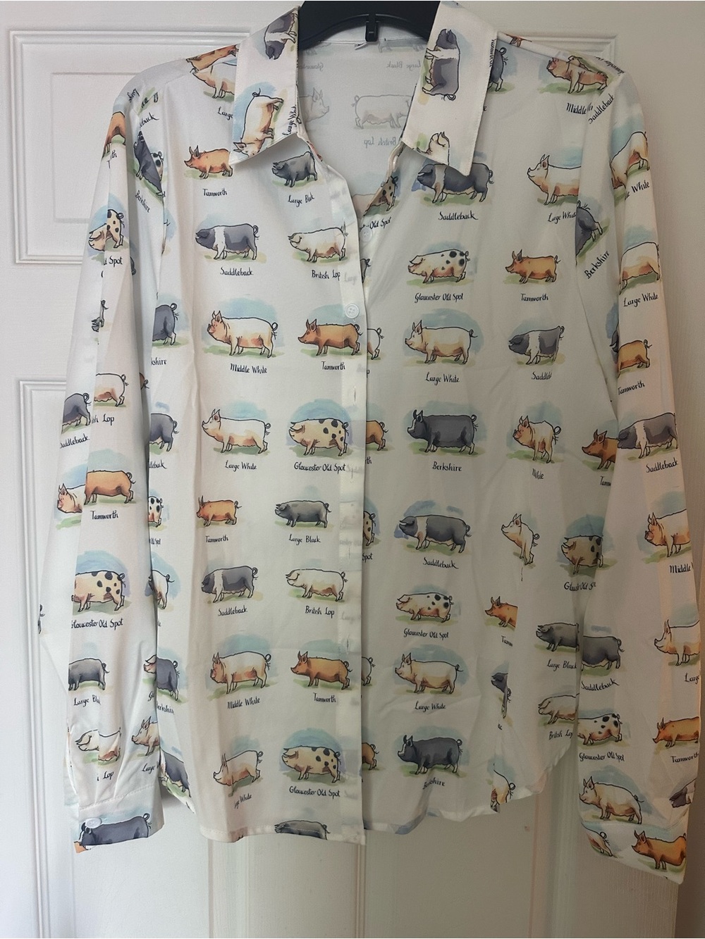 Men's White Casual Button-Down Shirt with Pig Print